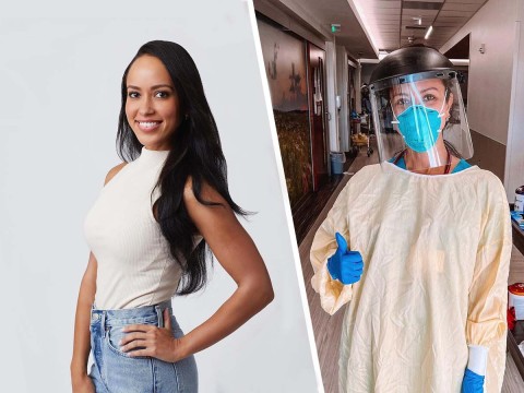 Kira Mengistu in jeans and white shirt, Kira Mengistu in doctor's PPE