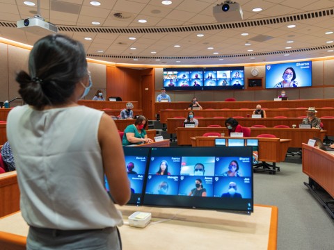 Harvard Business School hybrid teaching theater.