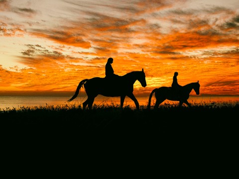 Photograph of two riders on horseback crossing a plain, silhouetted against the setting sun