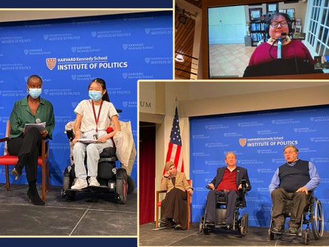 Collage of participants in a panel discussion at Harvard Kennedy School