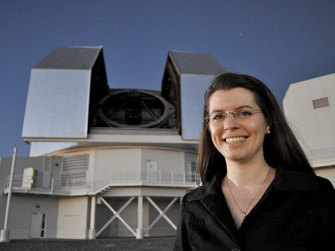 Astrophysicist Anna Frebel, outside and (below) observing at the twin 6.5-meter Magellan telescopes in Chile.
