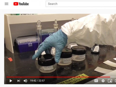 A human arm wearing a white goat and rubber glove in a lab setting handles three containers of lab chemicals