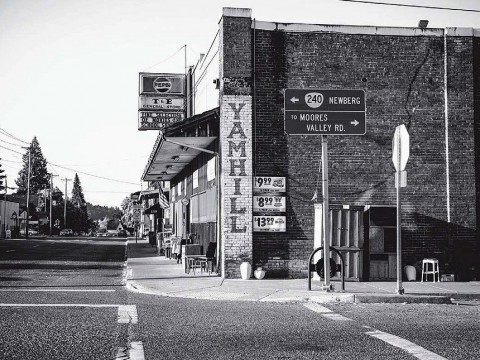 Photograph of downtown Yamhill, Oregon, with general store