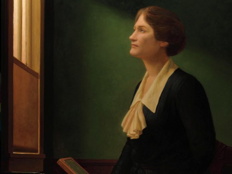 Posthumous portrait of astronomer Cecilia Payne-Gaposchkin looking up and through a window, echoing Vermeer’s painting “The Astronomer”