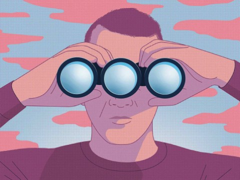 Illustration of a man looking through a pair of binoculars with three, not two, objective lenses