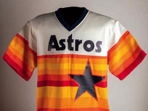 Photo of red, white, and orange Houston Astros jersey from 1983 worn by pitcher Joe Niekro