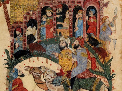 An illuminated manuscript page from thirteenth-century Iraq showing two men on a camel arriving in a village, depicted as two-story white buildings with people looking out the windows