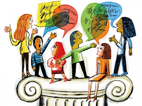 An illustration of people engaging in vigorous, animated dialogue 
