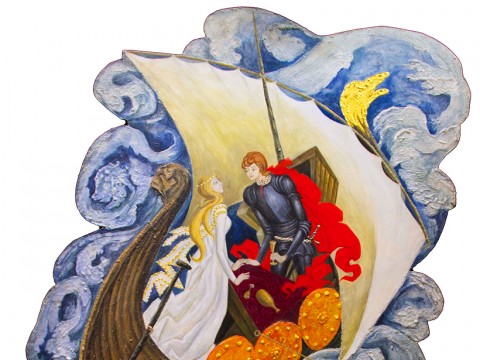 The painting “Love Potion” features two lovers craning toward each other in a boat on roiling ocean waters.