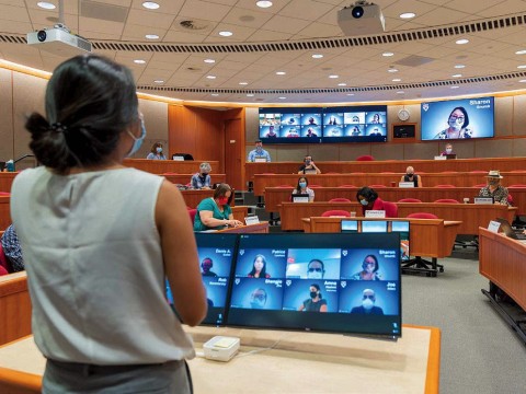 Harvard Business School hybrid classroom for in-person and remote learning
