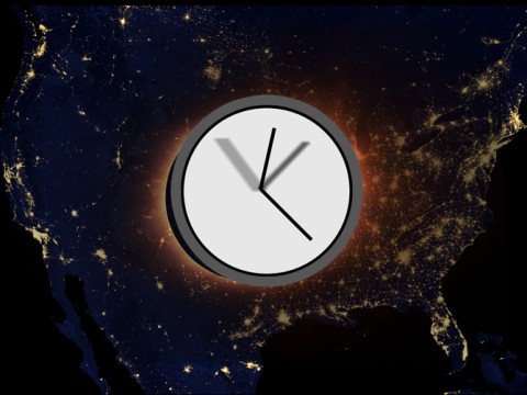Illustration of a clock in motion over a map of the United States