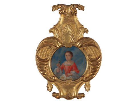 portrait of young girl surrounded by ornate gold-painted frame