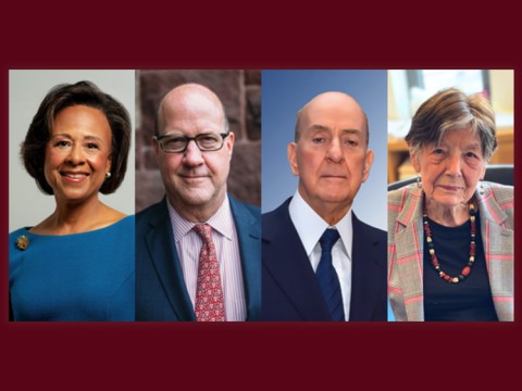 The four recipients of the 2023 Harvard Medal, from left: Paula A. Johnson, Philip W. Lovejoy, Antonio Madero, Rya W. Zobel
