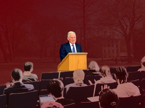 Montage of Harvey Mansfield at the podium with students in the foreground and the Yard in the background