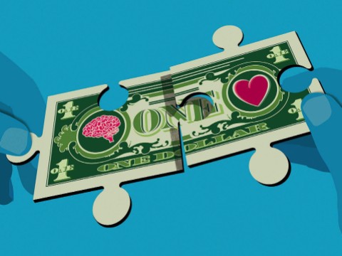 Illustration of a dollar bill with a head on one side and a heart on the other, exchanging hands