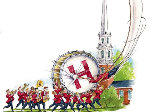 Cartoon of Harvard Band’s large drum