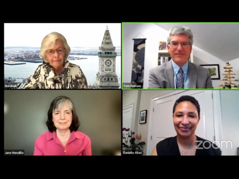 Screenshot of the four speakers: Margaret Marshall, Tom Putnam, Danielle Allen, and Jane Mendillo.