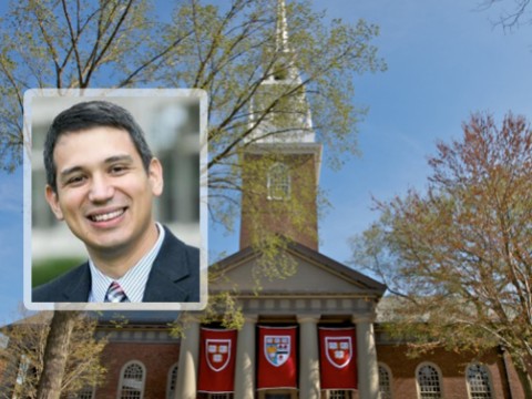 Matthew Potts portrait over photograph of Memorial Church in the background