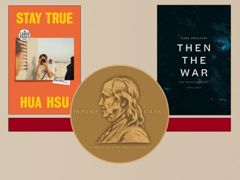 An image of the covers for Stay True and Then the War, overlaid with a gold Pulitzer Prize medal