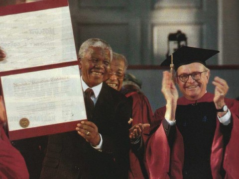 Photograph of Nelson Mandela receiving honorary degree and University Marshal Rick Hunt