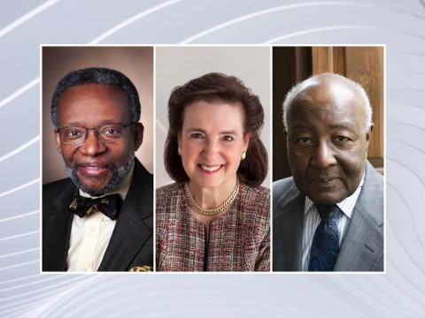 Three headshots, of Harvard Medalists Walter K. Clair, Nancy-Beth Gordon Sheerr, Preston N. Williams