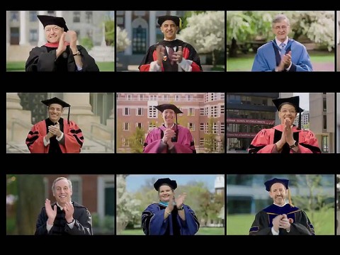 Screen shot of Harvard President Bacow and deans applauding graduates.