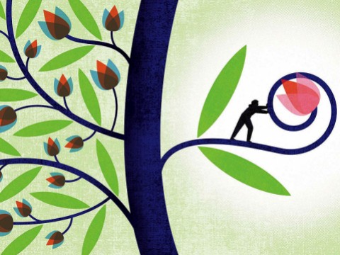 A stylized illustration of a tree with many small flowers blooming on one side and on the other one small branch on which a small human figure is nurturing one large blossom