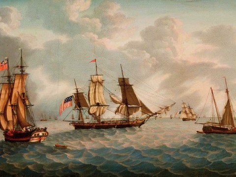 Painting of masted ships on the ocean