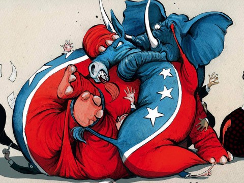 An illustration showing a donkey and an elephant, representing the Democratic and Republican parties, wrestling.