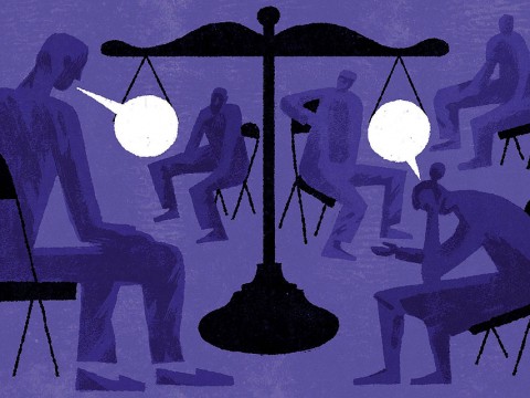 Illustration of seated people talking in a restorative justice circle