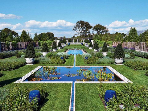 Wide view of blue pools and lawns of the Blue Garden 