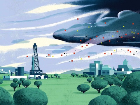 Illustration of a city downwind from a fracking well