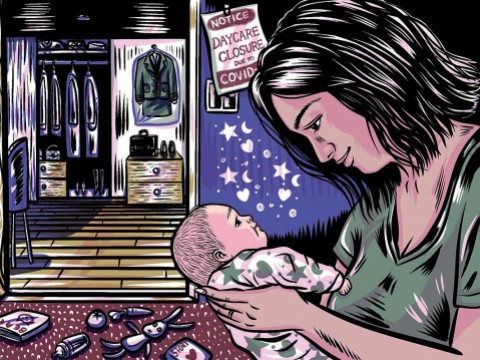 Illustration of a professional woman at home, holding a baby