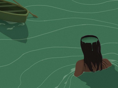 The illustration shows an empty rowboat floating away and a woman wading toward it, in chest-high water.