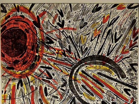 Abstract image of swirls and darts in browns, reds, and grays 