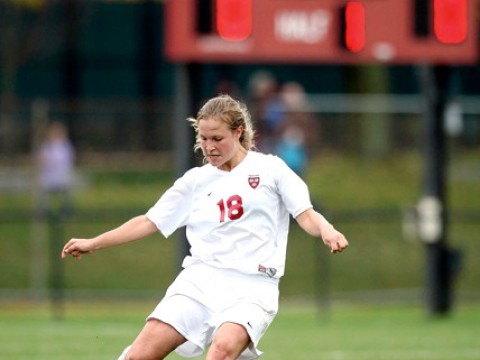 Soccer’s Lizzy Nichols ’10 uncorking one of her killer kicks. Though she’s a defensive specialist who plays center back, Nichols has a knack for free kicks and penalty kicks, and ice water in her veins.