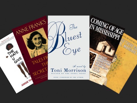 Book jackets for "The Hate U Give," "The Diary of Anne Frank," "The Bluest Eye," "Coming of Age in Mississippi," and "Are You There, God? It's Me, Margaret"