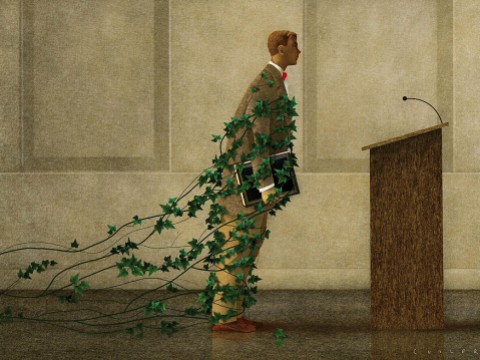 An illustration showing a professor held back by ivy vines, representing traditional and reluctance to change