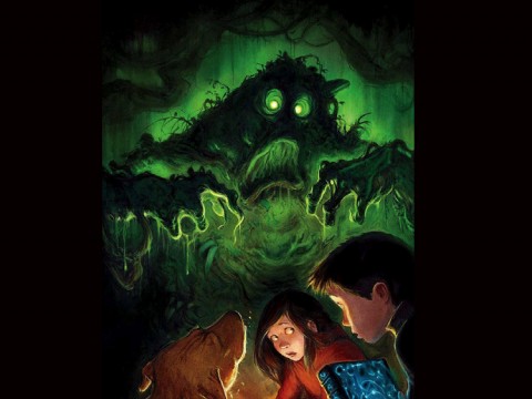 Illustration of a ghostly green monster and two children looking scared
