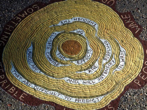 An image from Gilens's "Reading Forest"  installation, a sketched cross-section of a tress with words interspersed in the rings. They read: "The effects of climate change are rippling through the landscape and will intensify in ways that are difficult to predict."