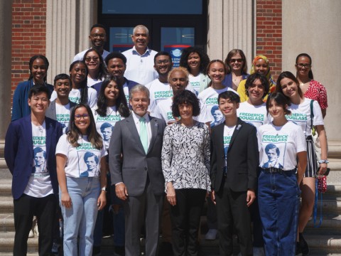 Photograph of the 2022 Frederick Douglass Fellows together with Nettie Washington Douglass and James Pellow.