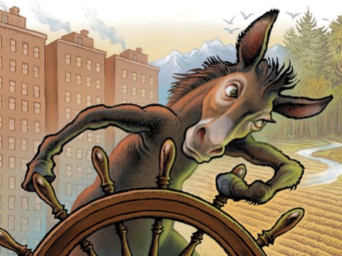 Illustration of a donkey turning a ship’s wheel away from high-rise apartment buildings in the background
