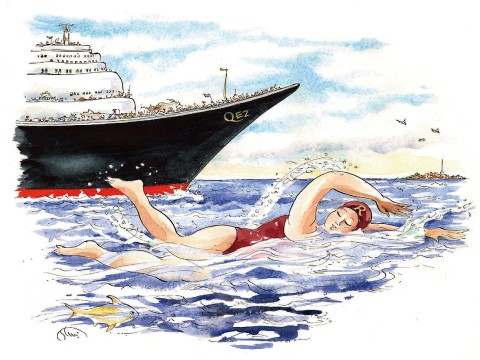 Illustration of Sharon Beckman ’80 swimming the English Channel
