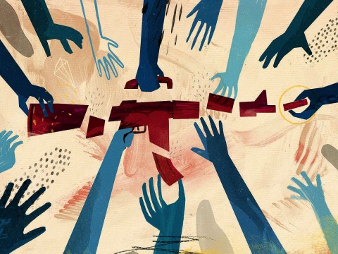 illustration showing multiple hands dismantling a rifle