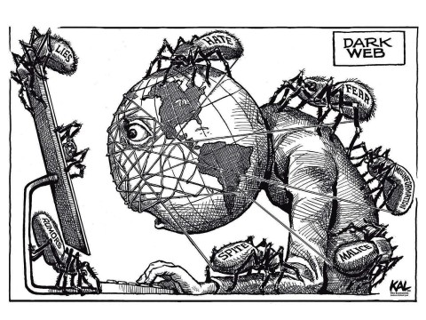 A black and white cartoon shows a computer-user, with Earth’s globe for a head, stares into a screen, while spiders labeled “hate,” “misinformation,” “fear,” and “lies” crawl across his body, wrapping him in their webs.