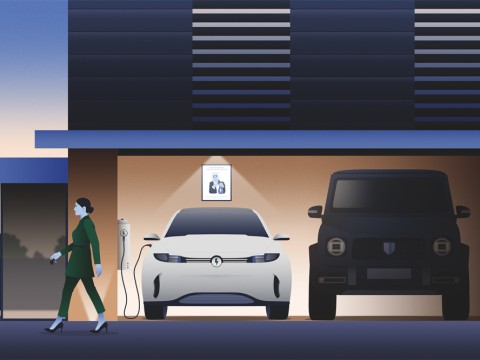 Illustration of a two-car garage, with an electric vehicle on the left and an SUV on the right