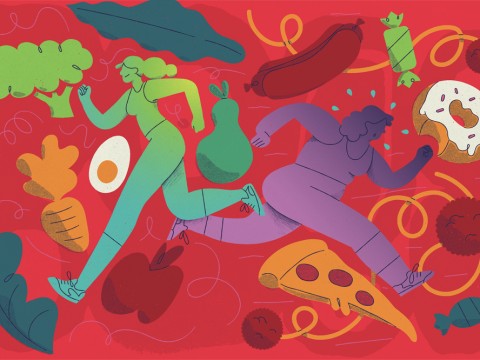 Illustration of two runners, one surrounded by components of a healthy diet, the other surrounded by high-sugar foods.