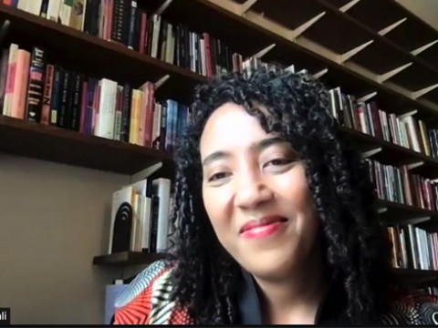 Namwali Serpell speaking on video chat from her office