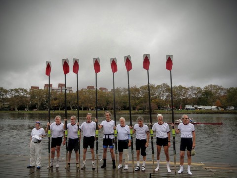 Oars raised after the race: (from left) Hugh Crane, Garrett Olmsted, Gib Vincent, Roger Cheever, Scott Steketee, Phil Tonks, Bobby Baker, Bill Endicott, and Gerry Goulet.