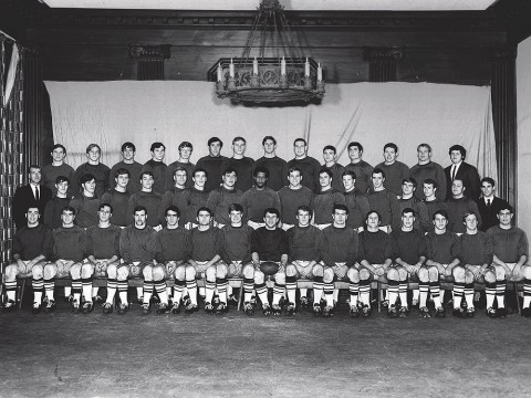 Happy campers: For their team photo, a day or two after The Game, the Crimson wore practice jerseys, giving them rather a raffish look.